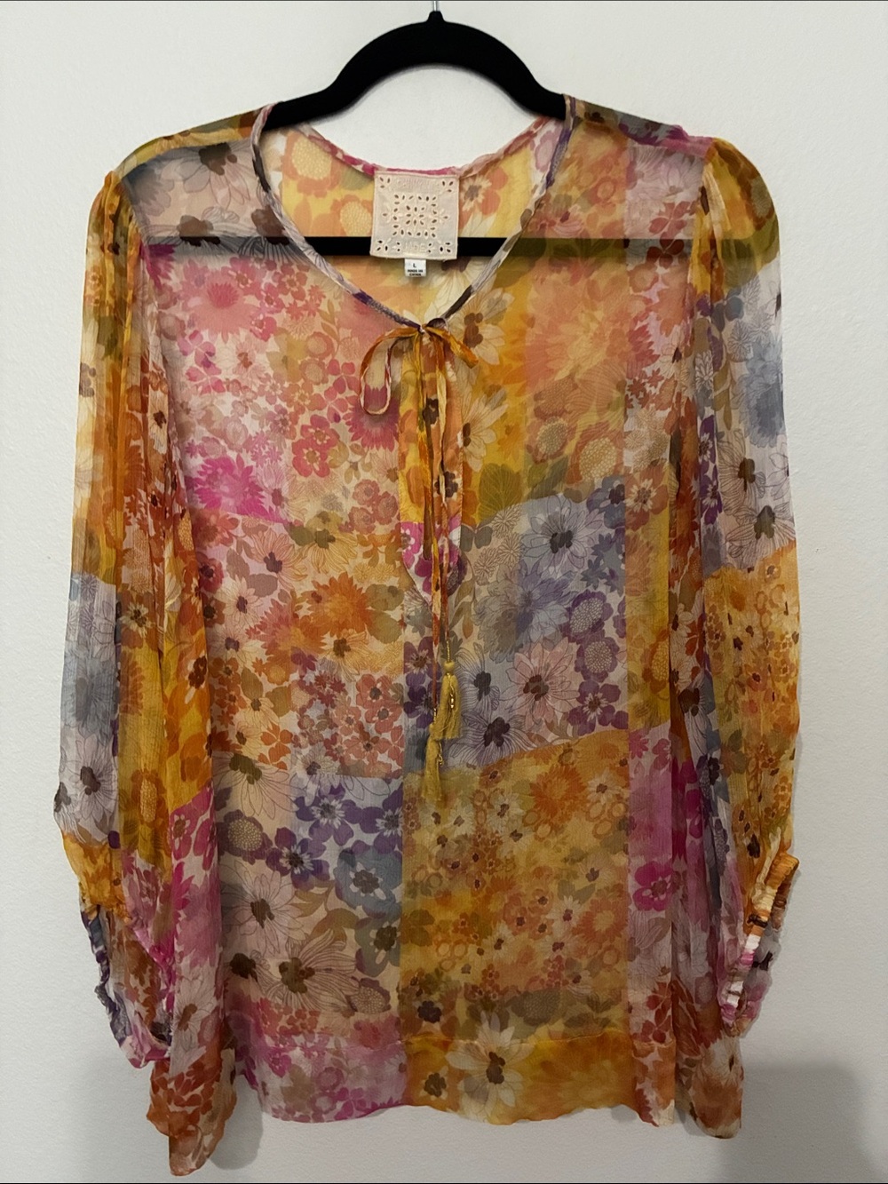 Johnny Was Jade Silk Becky Sheer Floral Tie-Neck Blouse in Yellow and Pink - Picture 2 of 10